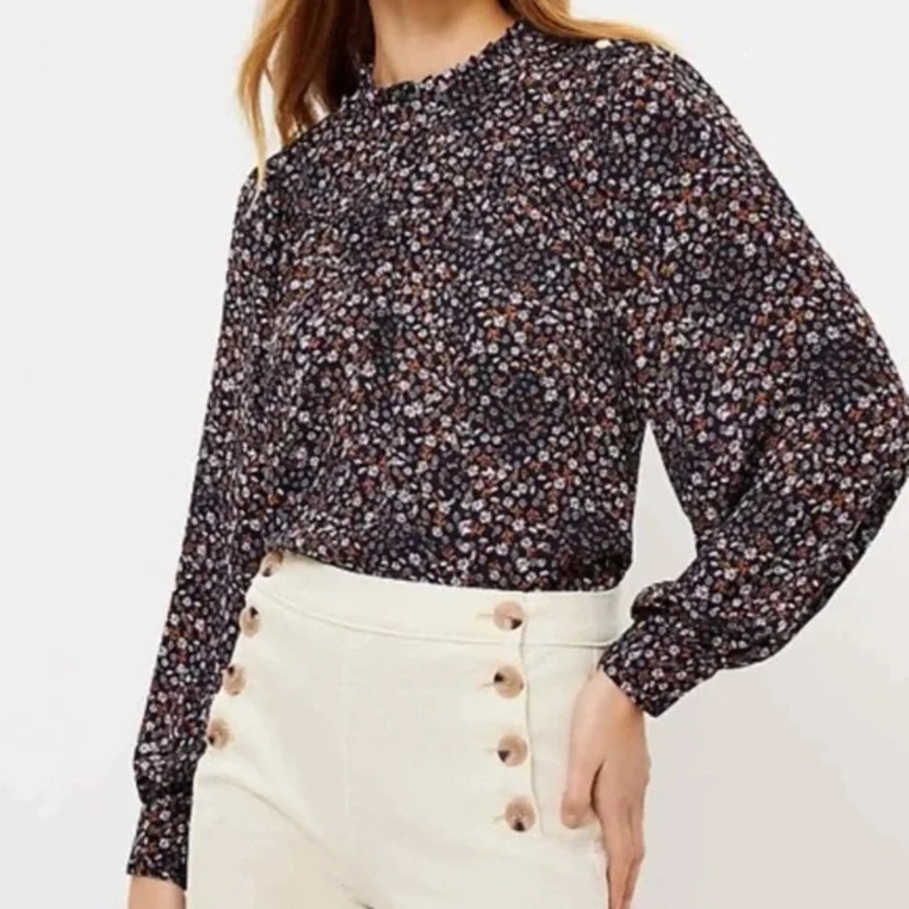 LOFT Floral Ruffle Neck Bib Blouse Long Sleeve Size XXSP